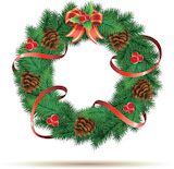 Vector+illustration+of+green+wreath+with+red+ribbon%2C+pinecones%2C+holly+leaves%2C+berries+and+red+bow