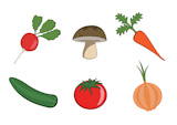 Vector+illustration+of+funny%2C+cute+vegetable+icons.+Includes+radish%2C+mushroom%2C+carrot%2C+cucumber%2C+tomato+and+onion.