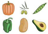 Vector+illustration+of+funny%2C+cute+vegetable+icons.+Includes+pumpkin+%2C+olive%2C+pea%2C+pepper+%2C+potato+and+avocado+.
