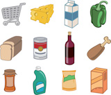 Vector+illustration+of++icon+set+or+design+elements+relating+to+supermarket.+Food%2C+drink+and+other+items.