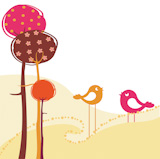 Vector+Illustration+of+retro+Flowery+design+greeting+card+with+two+of+retro-style+birds