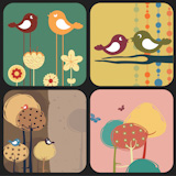 Vector+Illustration+of+style+design+greeting+cards+with+retro-style+birds+and+trees