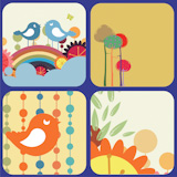 Vector+Illustration+of+retro+Flowery+design+greeting+cards+with+birds%2C+rainbow+and+trees.