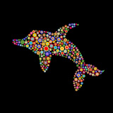 Vector+illustration+of+dolphine+shape++made+up+a+lot+of++multicolored+small+flowers+on+the+black+background