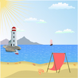 Vector+illustration+of++lighthouse+on+a+beach+with+boat+and+reflective+sea+water