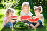 Group of happy children eating watermelon outdoors in spring park