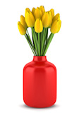 bouquet of yellow tulips in red vase isolated on white background
