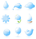 Collection of glossy blue nature icons with drop shadow