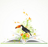open green book with flowers and tropical bird