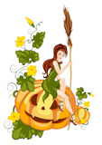 girl sitting on a halloween pumpkin isolated on white background