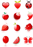 Collection of glossy red icons with drop shadow