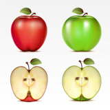 Set of red and green apples and their halves