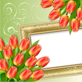 Spring green background with frame and red tulips.Clipping Mask