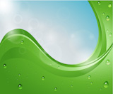 Green abstract background with water drops and sky