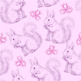 Seamless pattern with Cute fluffy squirrels and nuts