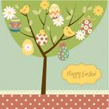 Retro Easter card with a tree, painted eggs, cicks, flowers and other cute elements