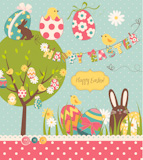 Easter Extravaganza. Big Easter set with cute chocolate rabbit, colourful eggs, chicks, Easter tree and a Clothesline with letters on it. Ideal for scrapbooking