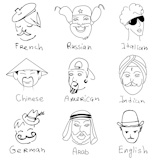 Different stereotypes of nationalities from all over the world. Hand drawn doodles.