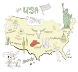 Stylized map of America. Things that different Regions in USA are famous for.