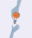 illustration of idea bulb. Transfer of ideas from hand to hand.