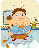 The little boy bathes in a bathroom with a toy ship