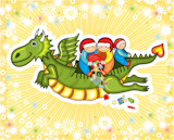 Green flying dragon with children sitting on his back with a bag of gifts