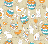 Seamless background with a children's scribble of a hare, egg, chicken, flowers, houses
