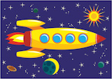 The flying yellow rocket in space