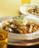 Close-up+of+a+platter+of+penne+pasta+garnished+with+feta+cottage+cheese