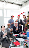 Business people with novelty Christmas hat toasting at a party
