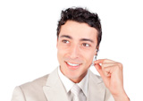 Positive businessman with headset on