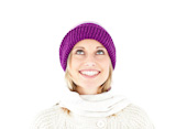 Bright woman with a colorful hat and a pullover looking upwards