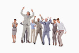 Very enthusiast business people jumping and raising their arms