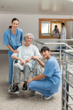 Nurse and doctor talking with old woman in wheelchair