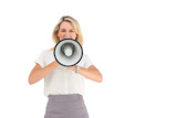 Businesswoman shouting at a businessman with megaphone