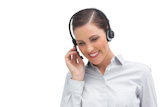 Businesswoman listening on headset