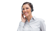 Smiling call centre agent wearing headset