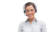 Happy call centre agent wearing headset
