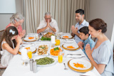 Family,of,six,saying,grace,before,meal,at,dining,table
