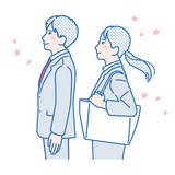 横向きのスーツの男女と桜のイラスト素材